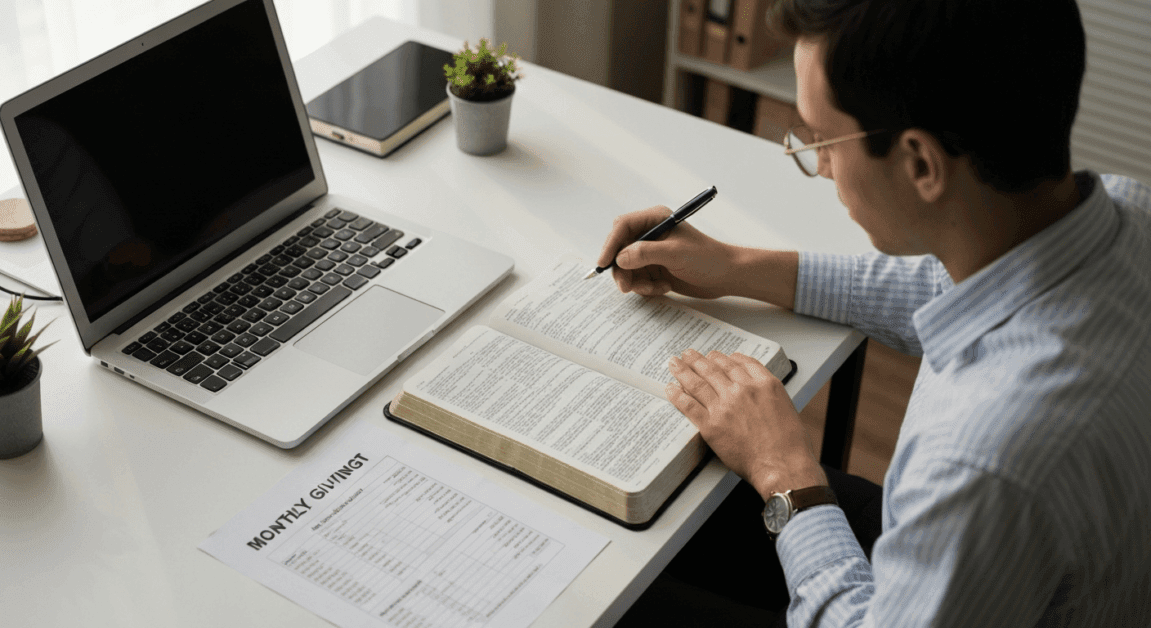 Christian entrepreneur planning monthly giving with Bible and budget sheet open in home office