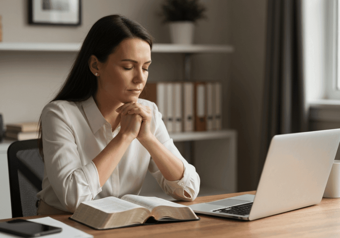 Christian businesswoman praying at her desk with a Bible and laptop after a difficult business season