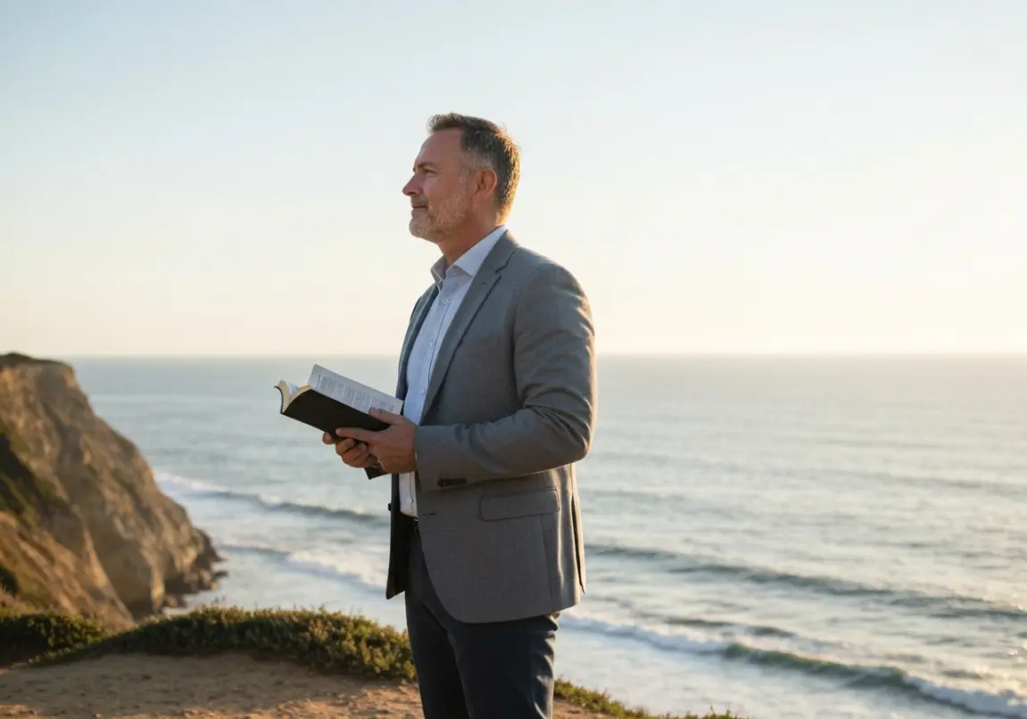 Christian man standing by the sea at sunrise holding a Bible, representing Peter’s restoration and calling