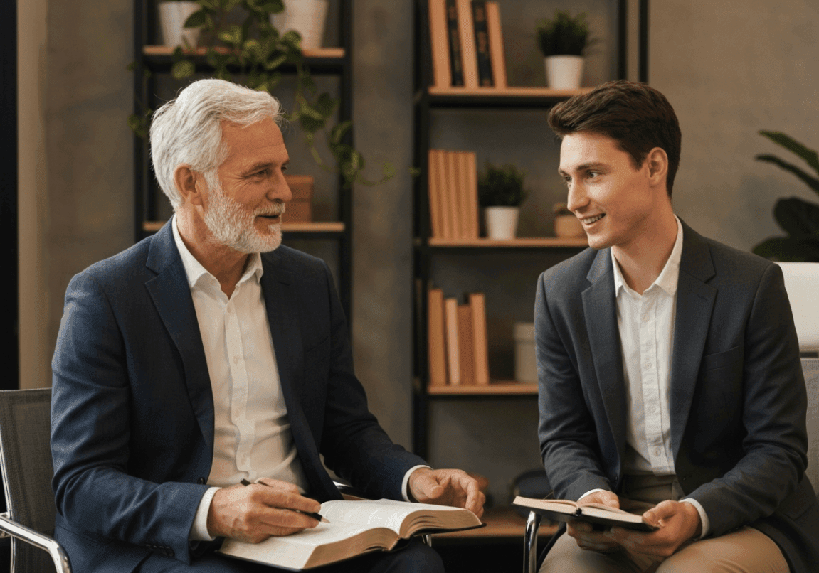 Faith-based mentor and younger entrepreneur discussing business challenges with an open Bible on the table