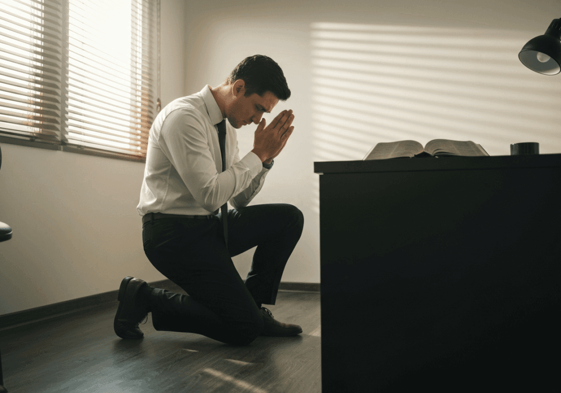 Christian business leader kneeling in prayer beside desk at sunrise, seeking God's vision