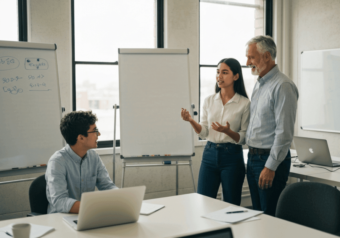 Young Christian team member confidently leading a group as mentor observes supportively