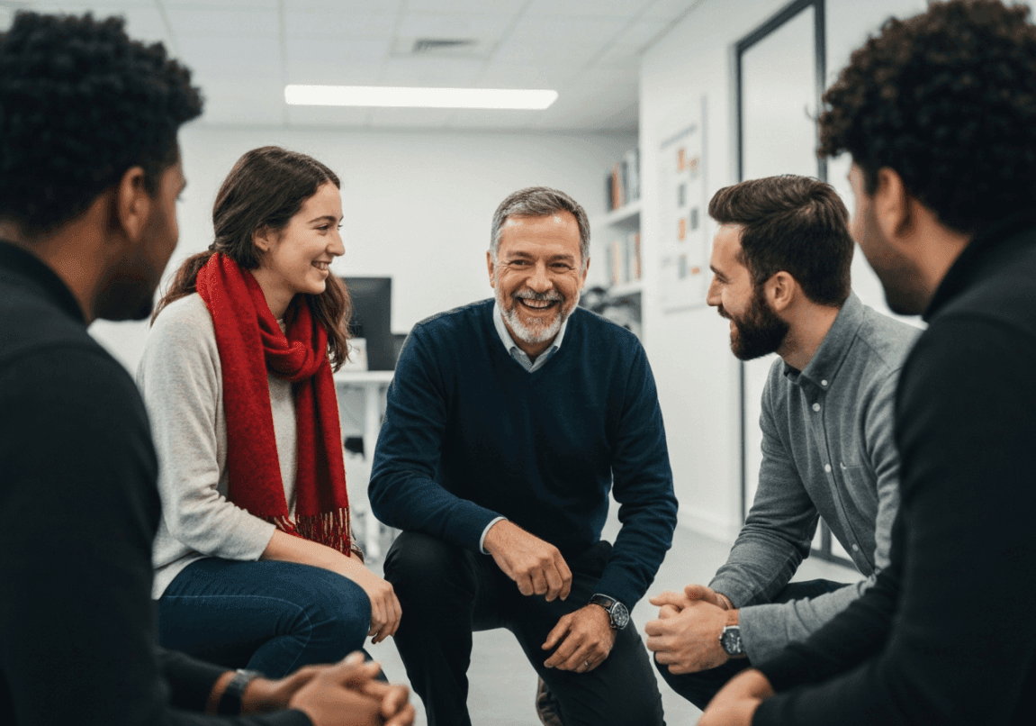 Humble Christian leader kneeling in prayer with a diverse team, symbolizing servant leadership