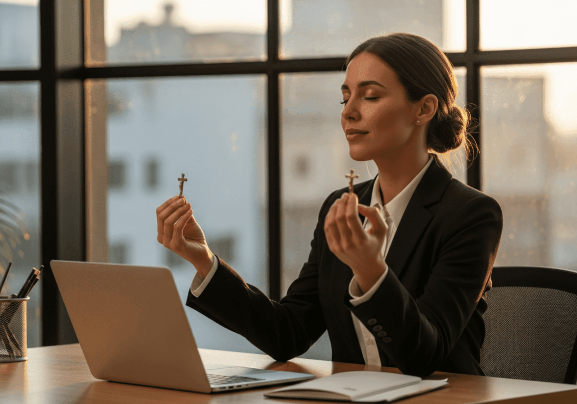 Christian woman entrepreneur pausing in prayer near a sunlit office window