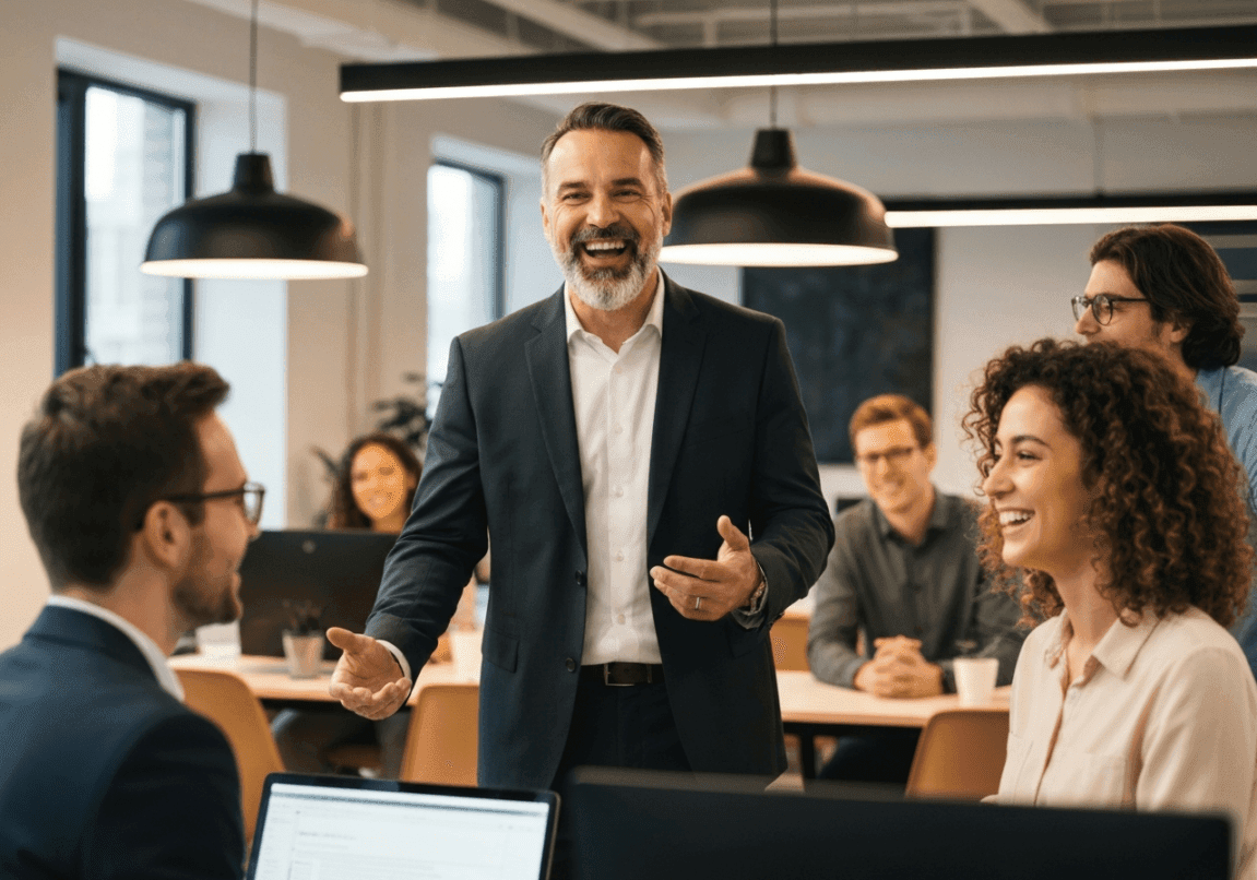 Christian business leader interacting with team in a collaborative office setting