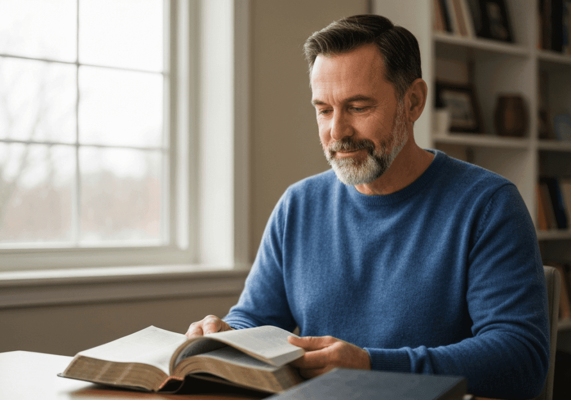 Reflective leader reading a Bible in a peaceful room, embodying servant leadership