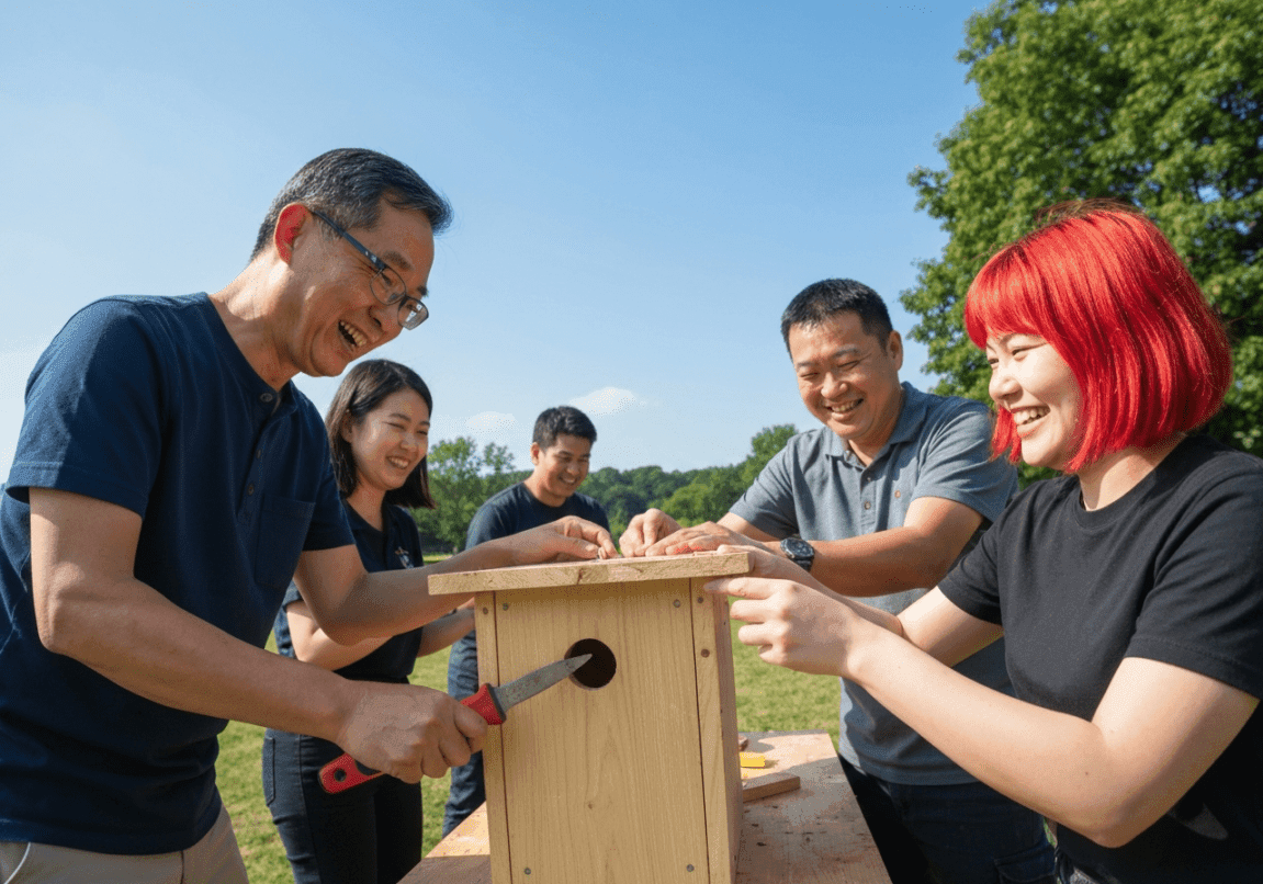 A team engaged in a trust-building exercise in a natural outdoor setting, promoting unity.