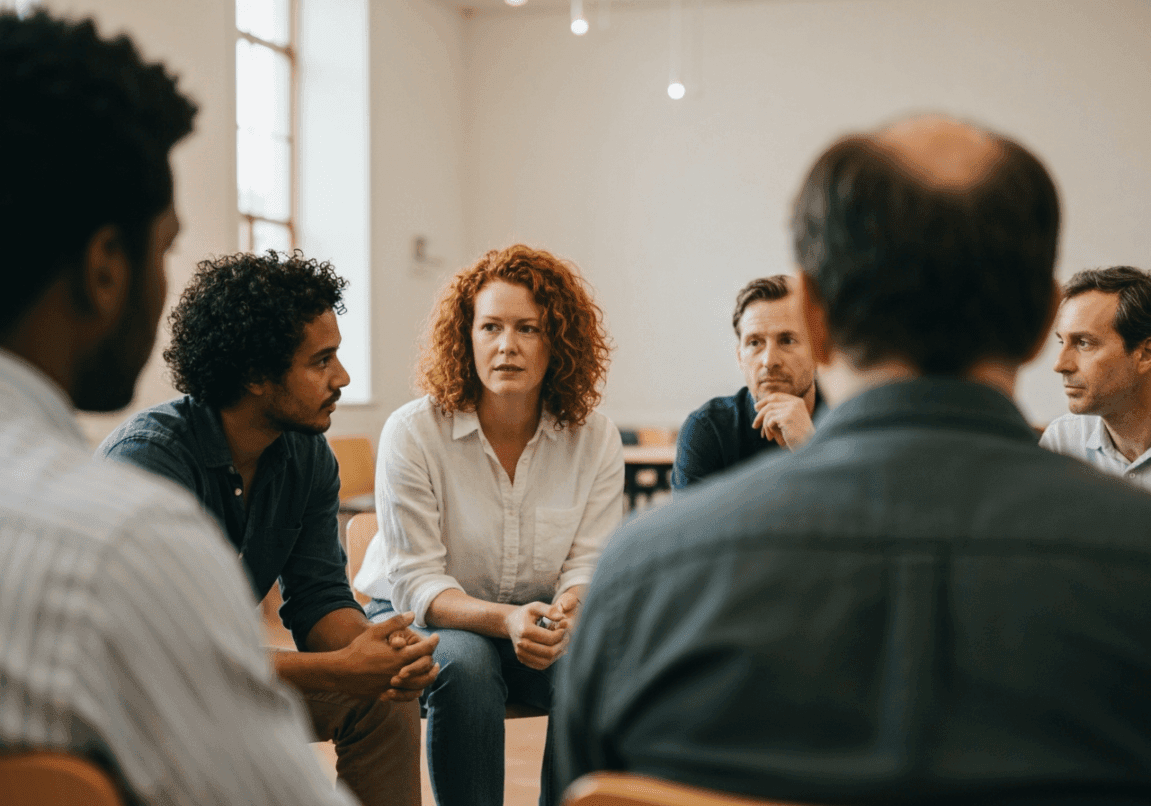 Group of church leaders in discussion representing early church leadership roles.