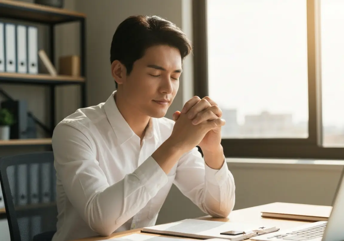 Christian businessperson in prayer at an office desk