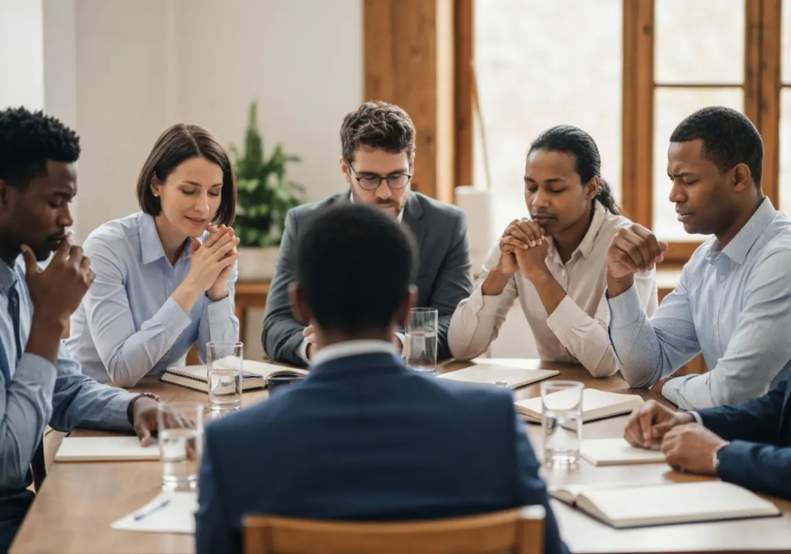 Christian business group in discussion and prayer