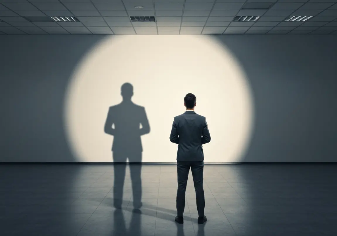Confident businessperson facing shadow symbolizing challenges