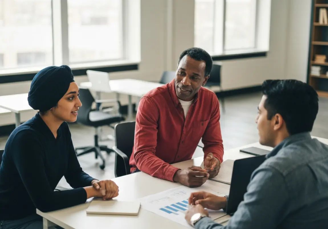 Diverse entrepreneurs collaborating in a modern workspace, demonstrating diligence in business.