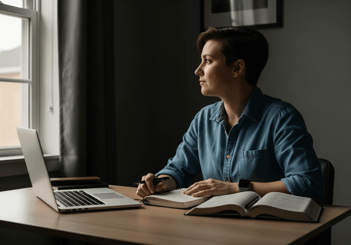 Christian entrepreneur reflecting quietly in prayer at a home office desk
