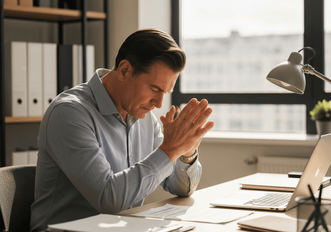 Sincere business leader praying at a desk, focusing on integrity and perseverance.