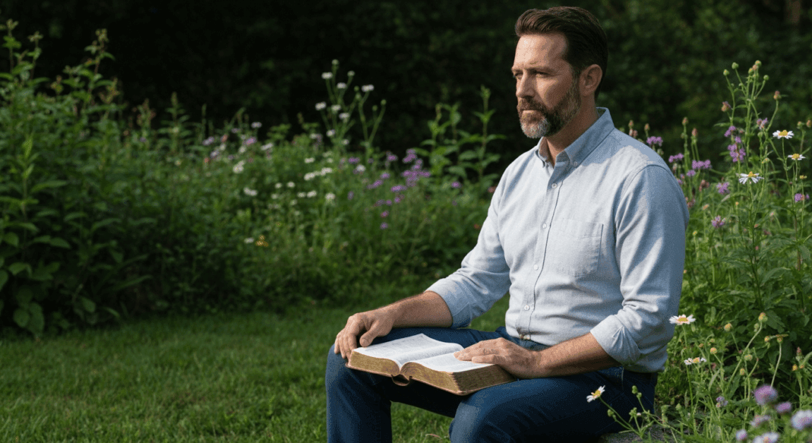 A man reflecting with an open Bible, symbolizing Job's faith amidst wealth