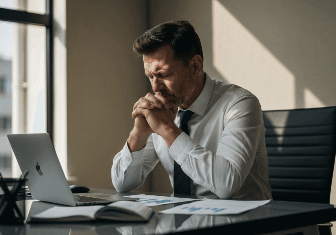 Christian entrepreneur praying at his desk surrounded by work documents