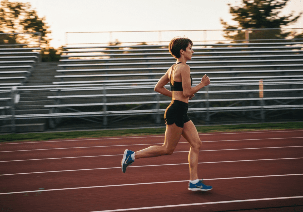 Young woman running on a track symbolizing endurance in business