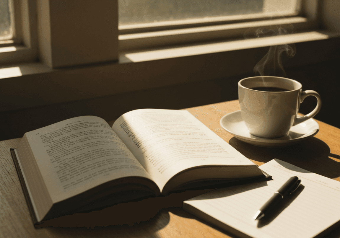 Open Bible and coffee cup on table with sunlight streaming through window