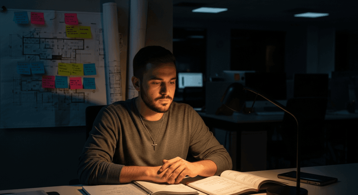 Christian leader working late at night in focused determination