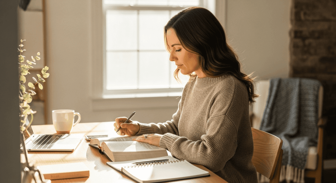 Woman reading Bible and writing goals at sunrise near window