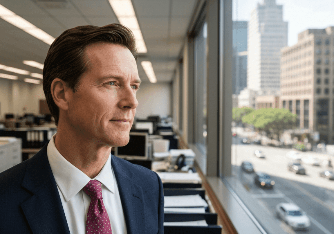 Professional gazing thoughtfully out a window in an office, symbolizing perseverance.