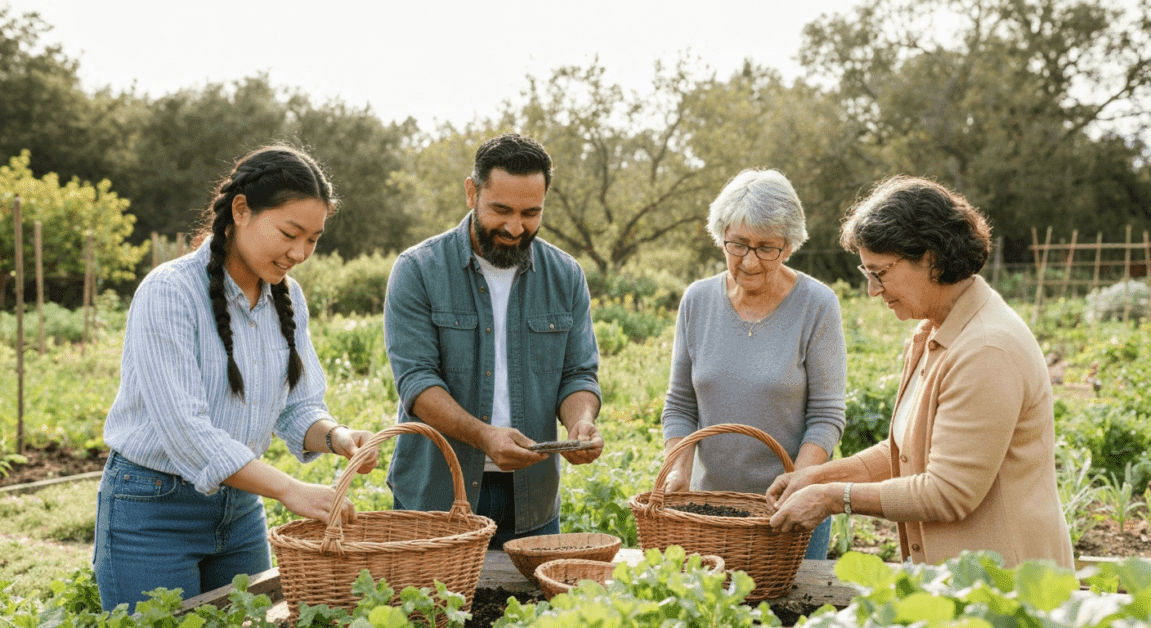 People managing resources in a garden, illustrating the New Testament Parable of the Talents.