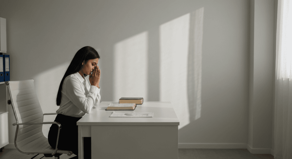 Professional kneeling in prayer over financial documents in a home office, symbolizing trust and prudence.