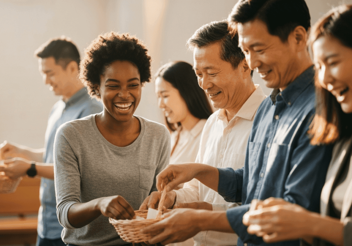 Individuals placing offerings into a church basket, representing the act of tithing