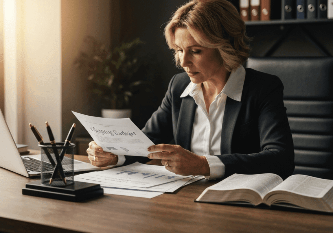 A business professional reviewing a budget with an open Bible suggesting prayerful financial decision-making