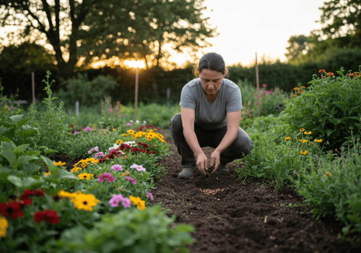 Person planting seeds in a garden as a metaphor for investment and growth