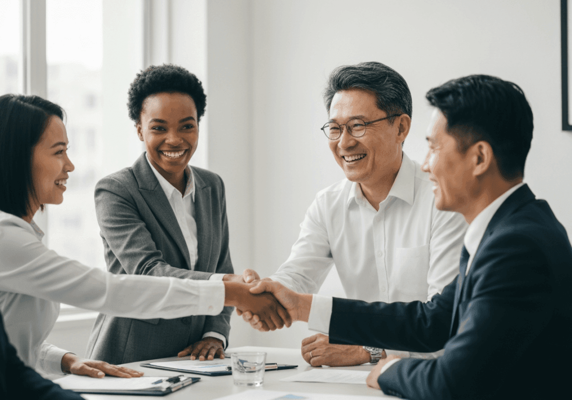 Business professionals shaking hands to symbolize ethical agreements