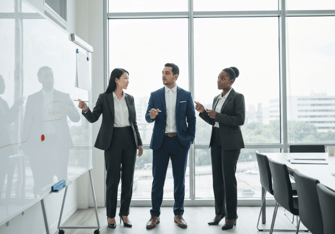 A diverse group of business leaders standing in a park, symbolizing strength and courage