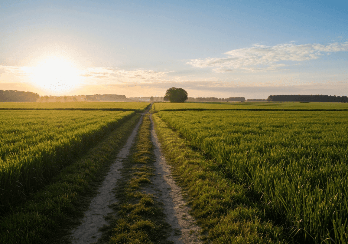 Sunrise illuminating a solitary path through a serene rural landscape, symbolizing divine guidance
