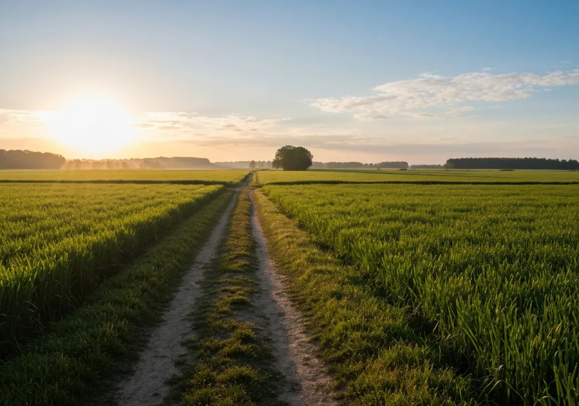 Sunrise illuminating a solitary path through a serene rural landscape, symbolizing divine guidance