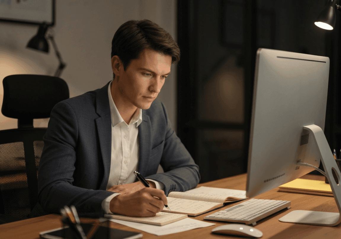 A dedicated business leader working late at an office desk, symbolizing perseverance
