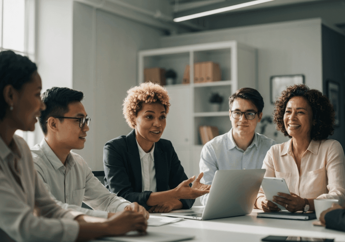 A business leader listening to team members in a conference room setting