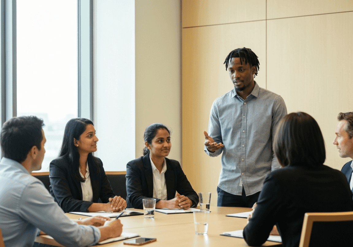Discussion around a conference table representing balance in leadership
