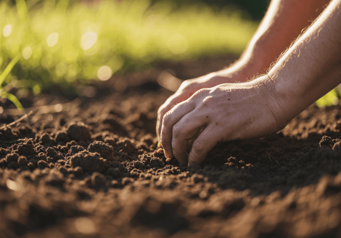 Hands planting seeds in the soil, symbolizing stewardship and creation