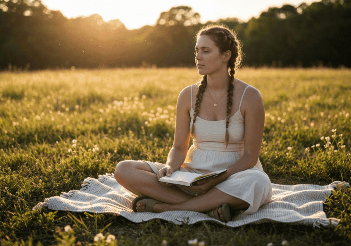A person reflecting outdoors with a notebook during golden hour