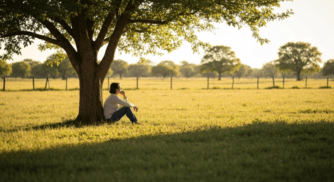 Person contemplating life under a tree in a rural setting, symbolizing trust and divine provision