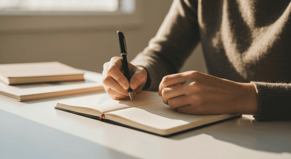 Person writing in a gratitude journal at a bright workspace, fostering contentment through reflection