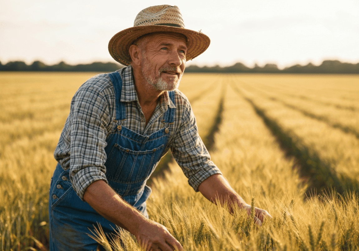 Farmer examining crops symbolizing patience and careful cultivation in entrepreneurship