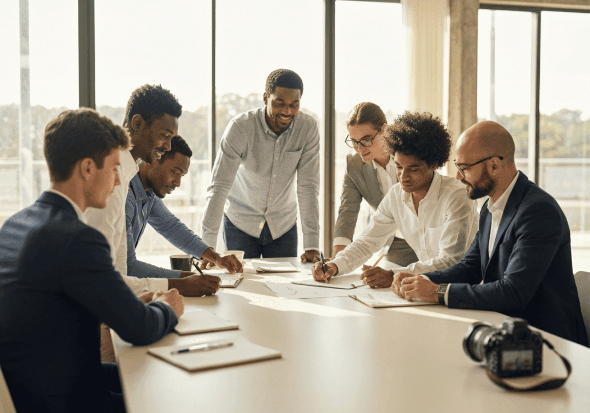 A diverse team working on crafting a vision statement in a modern conference room.