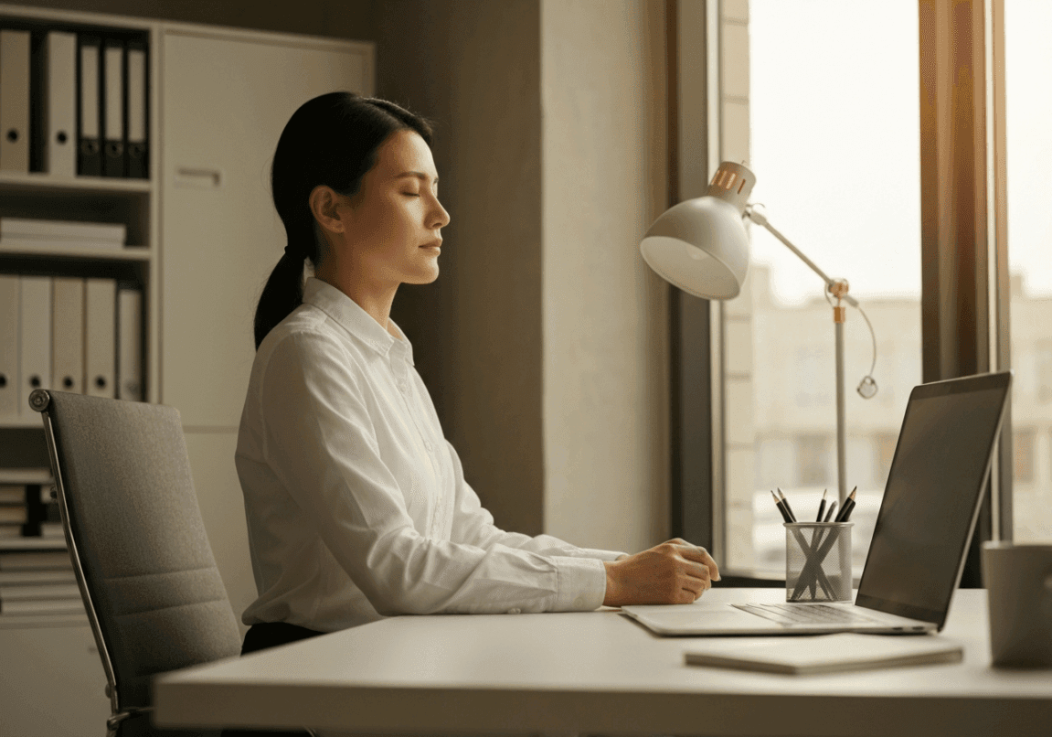 A professional taking a restful moment in an office setting for meditation.