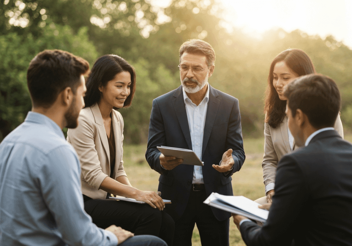 A leader inspiring a group of business individuals, symbolizing transformation through interaction.