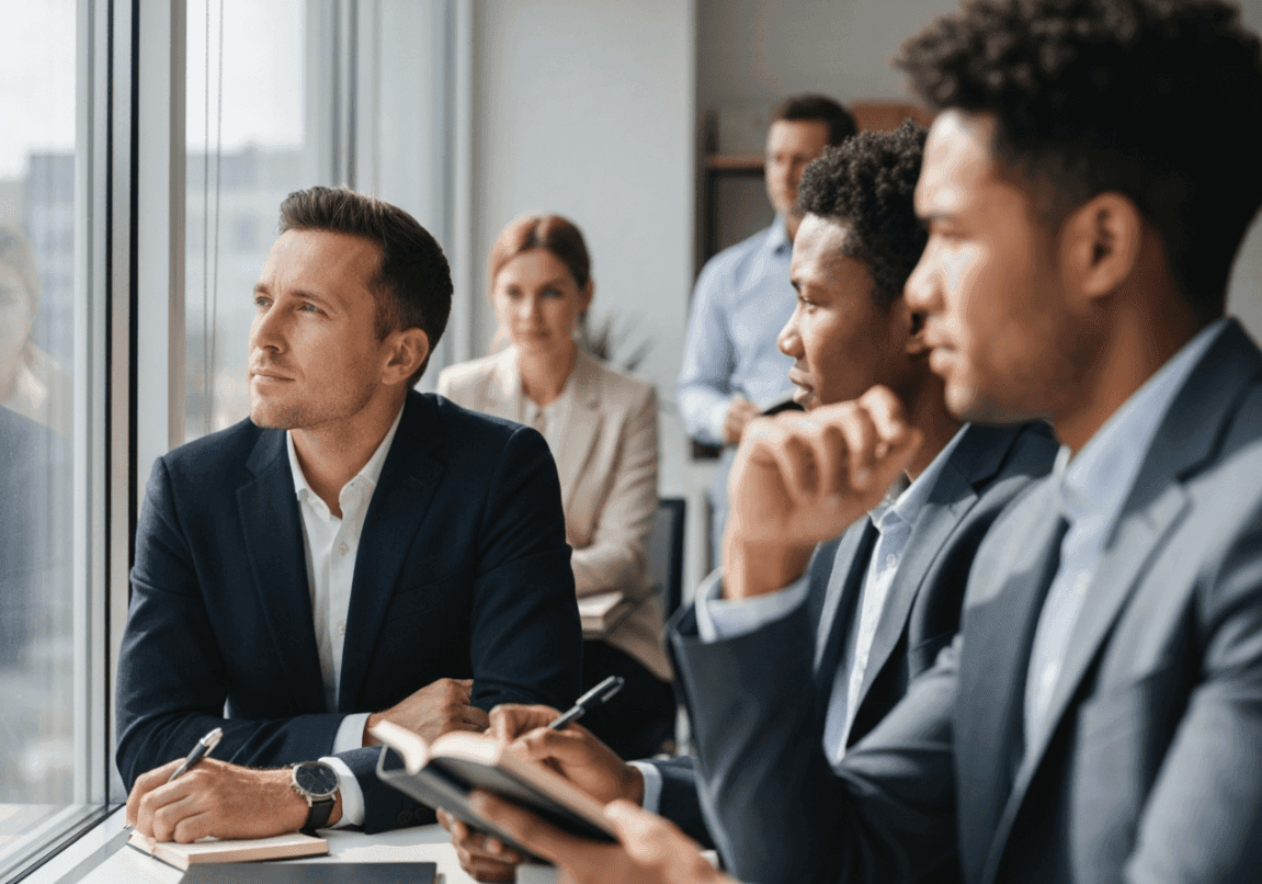 Business people reflecting in a sunlit office, journaling about divine provision