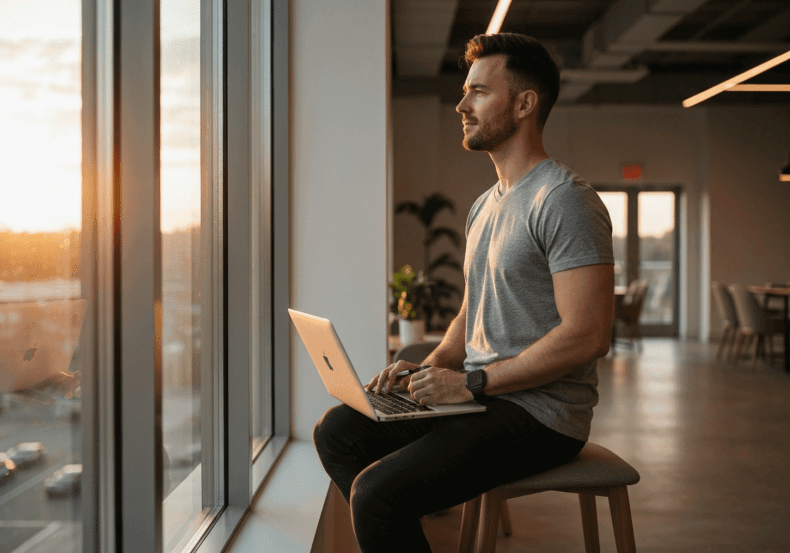 Christian entrepreneur by a window reflecting on faith and business