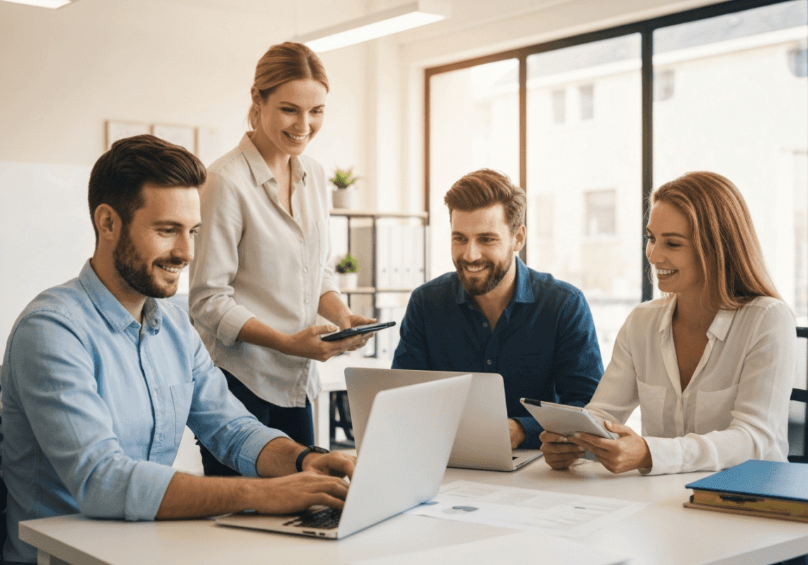 Business professionals praying together in a modern office setting