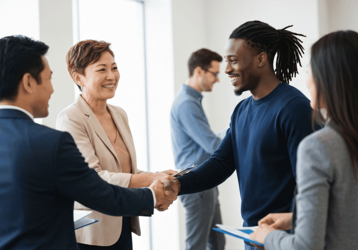 Entrepreneurs networking and exchanging ideas at a business event