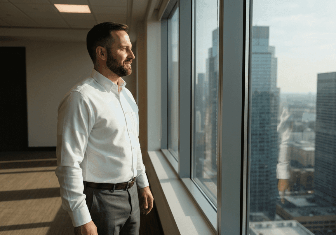 Mature business leader reflecting by an office window